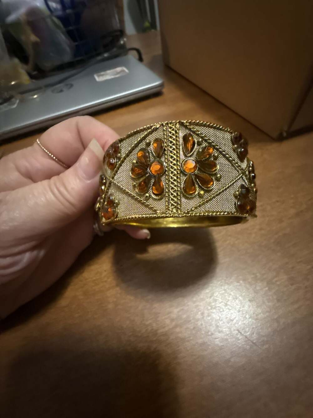 Vintage Goldtone Mesh & Amber Rhinestone Clamper Bracelet